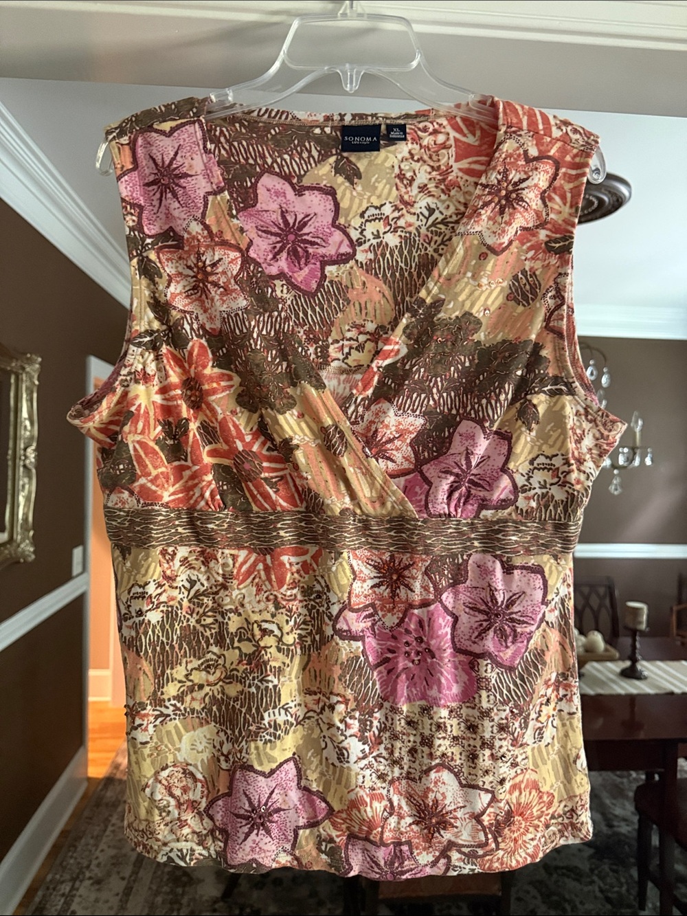 Sonoma Floral Sleeveless Surplice Top in Pink, Brown, Cream